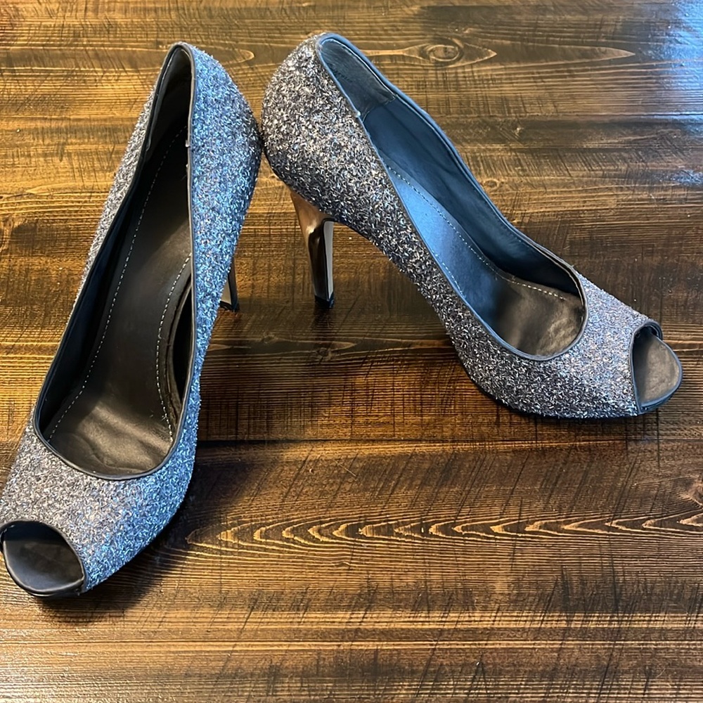 Nine West Silver Sparkle Peep Toe Stilettos - Picture 2 of 10